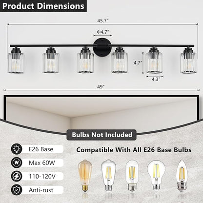 Modern 6-Light Black Vanity Light, 45.7" Crystal Bathroom Light Fixture, Vanity Lights with Clear Crystal Shades, E26 Base Wall Sconces Over Mirror for Bathroom Powder Room