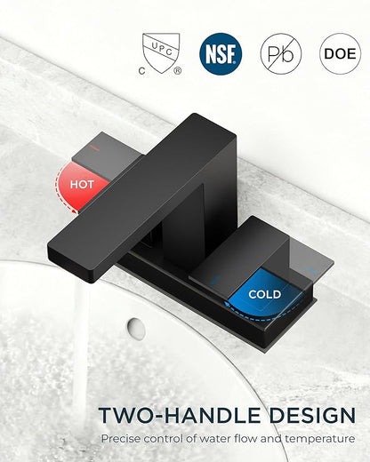 QFN 4 Inch Centerset Bathroom Faucets, Matte Black 2 or 3 Hole Square Bathroom Sink Faucet with Pop-Up Drain and cUPC Supply Line, 2 Handles Suitable for Bath Sink, Vanity, Restroom