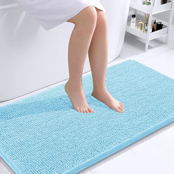 OLANLY Bathroom Runner Rugs 40x24, Extra Soft Absorbent Chenille Bath Rugs | Sky Blue, Quick-Drying Rubber Backing, Washable Long Bath Mat for Bathroom Floor, Tub and Shower, Home Decor Accessories