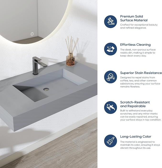 SJ STAR&JANE 35" x 19" in Solid Surface Bathroom Sink, Wall-Mount or Countertop Vessel Sink, Rectangle Floating Vanity Sink in Light Gray, Pre-installed Faucet Holes, Durable Modern Design