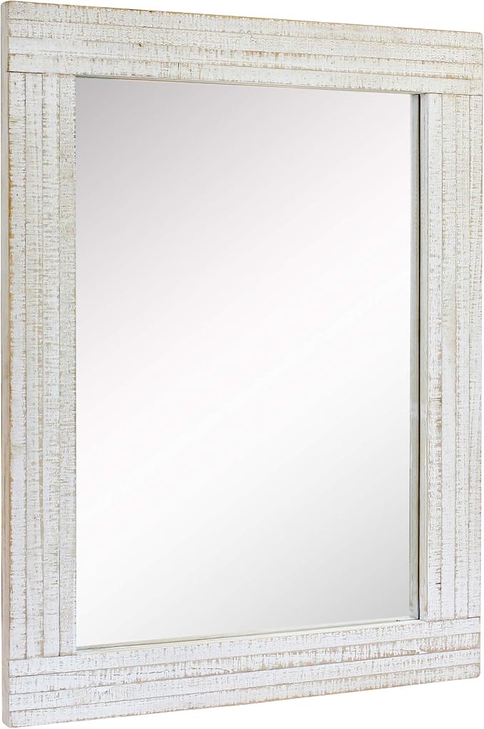 Stonebriar 24" x 18" Rectangle Worn White Wood Frame Wall Mirror with Attached Hanging Brackets, Decorative Country Rustic Decor for the Living Room, Bedroom, Bathroom, Hallway, and Entryway