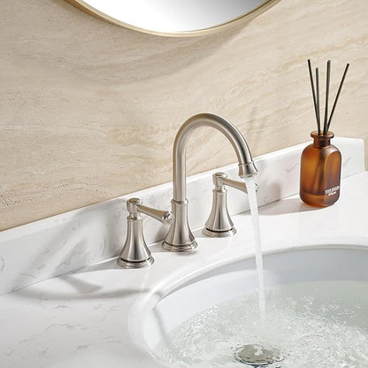 2 Handle 8 inch Widespread Bathroom Sink Faucet Brushed Nickel with Pop-Up Drain, High Arc Modern Bathroom/Vanity/Lavatory Faucet 3 Holes with Brass 360° Swivel Spout, TAF830Y-BN
