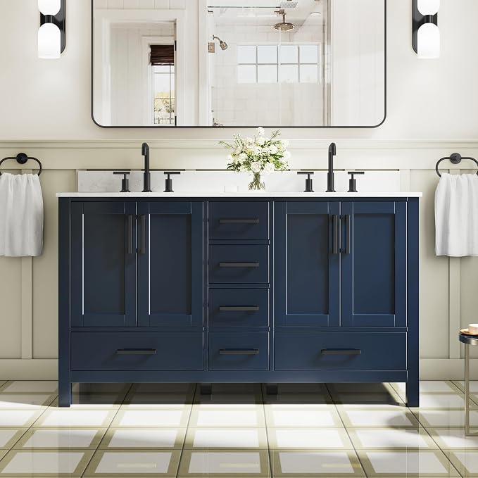 60-Inch Bathroom Vanity with Sink, 4 Soft-Close Doors and 6 Soft-Close Drawers, Bathroom Freestanding Vanity with Cultured Marble Countertop, Navy Blue Vanity with Matte Black Handles