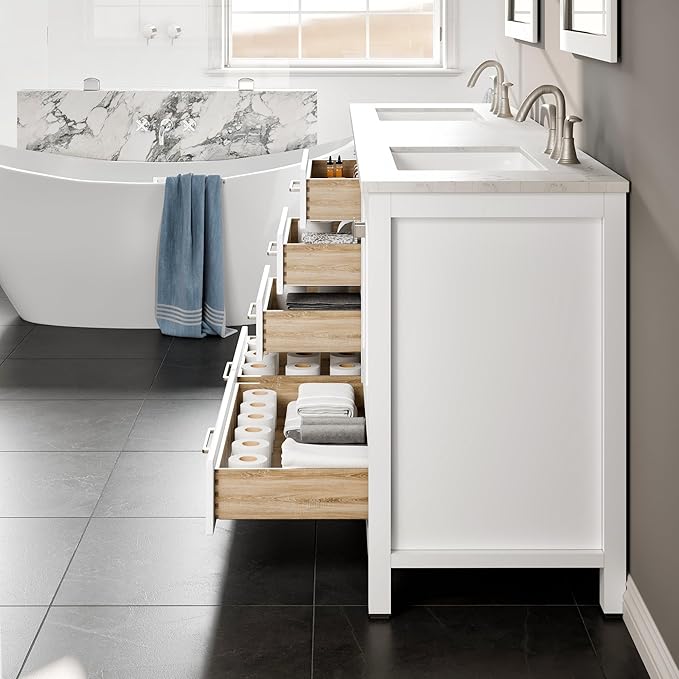 Eviva Aberdeen 84 in. White Double Sink Bath Vanity with Carrara Quartz Top and Undermount Porcelain Sinks