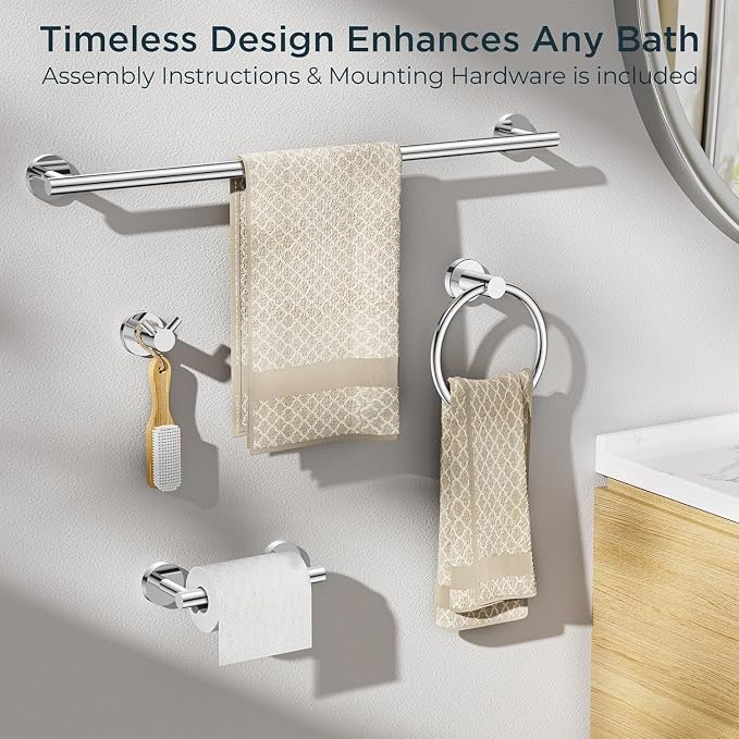 FORIOUS Bathroom Accessories, 4-Piece Bathroom Hardware Set - 18" Towel Bar | Chrome | Towel Hooks, Towel Racks for Bathroom, Toilet Paper Holder Wall Mounted & Towel Ring | SUS304 Stainless Steel