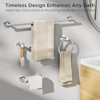 FORIOUS Bathroom Accessories, 4-Piece Bathroom Hardware Set - 18" Towel Bar | Chrome | Towel Hooks, Towel Racks for Bathroom, Toilet Paper Holder Wall Mounted & Towel Ring | SUS304 Stainless Steel