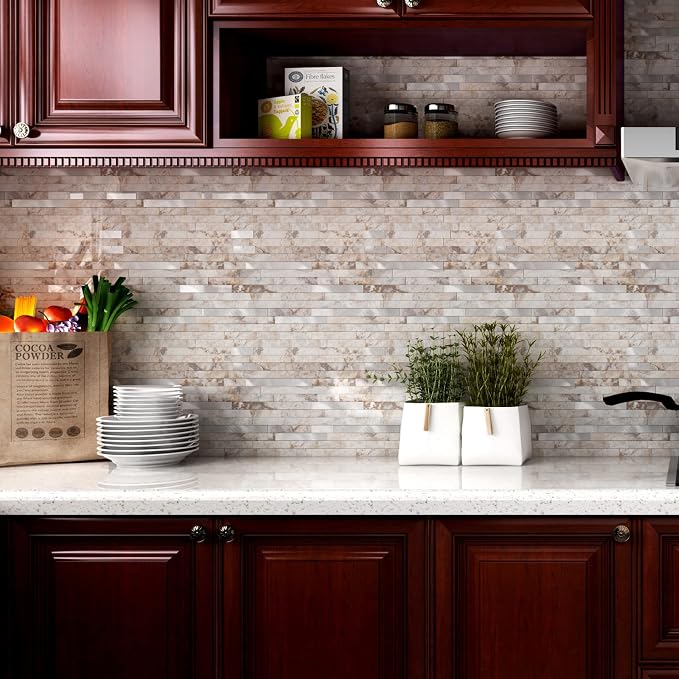 10 - Sheet Peel and Stick Backsplash Wall Tile, PVC Kitchen Backsplash, Stick on Tiles for Backsplash Kitchen (12'' X 12'', Perisa with Metal)