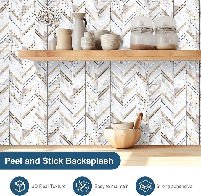 Yipscazo 10 Sheets Herringbone Backsplash Peel and Stick Tile, Marble Calacata Mixed Metal Gold PVC Stick on Backsplash for Kitchen, Waterproof Self Adhesive Wall Tile for Bathroom