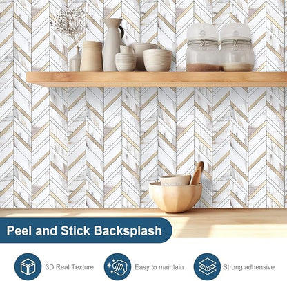 Yipscazo 10 Sheets Herringbone Backsplash Peel and Stick Tile, Marble Calacata Mixed Metal Gold PVC Stick on Backsplash for Kitchen, Waterproof Self Adhesive Wall Tile for Bathroom