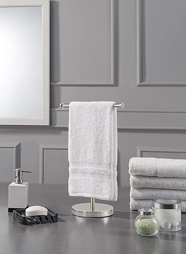 SunnyPoint Countertop Hand Towel Holder Stand – 16.5" Tall Stainless Steel T-Bar Rack with Weighted Base, Brushed Satin Nickel Finish – Jewelry Holder for Bathroom, Vanity, or Kitchen