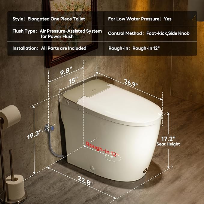 Elongated One Piece Toilet with 17.2" Comfort Height Seat, Gold | Modern Toilet for Bathroom, 1.0GPF Button & Foot Kick Flush, Air Pressure Assisted Flush, Compact Toilet, 12'' Rough-in