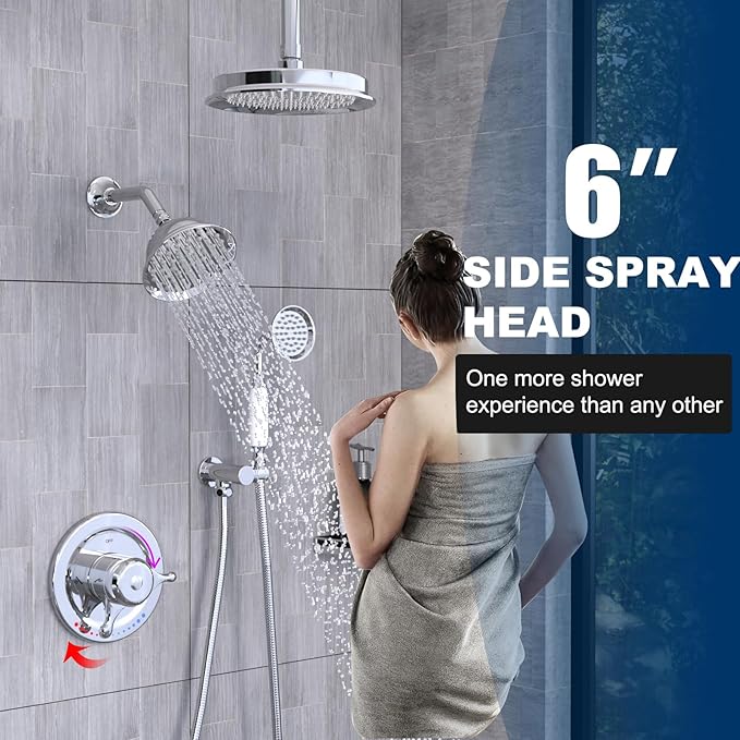 Antique Brass Shower System, 9" & 6" Dual Rain Heads and Handheld Spray Vintage Fixtures, 3-Function Dual Knob Valve with Separate Temperature Control, Chrome