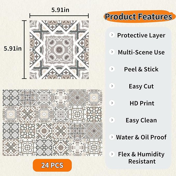 24 PCS Bohemian Floral PVC Peel and Stick Tile Stickers | for Kitchen Bathroom RV, Waterproof Self-Adhesive Removable Backsplash Decals, Easy DIY Upgrade, Smooth Surfaces, 5.91x5.91in