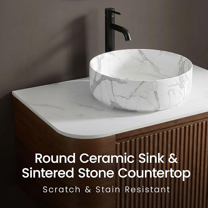 30" Preassembled Floating Bathroom Vanity with Carrara Finish Sink, Walnut | Mid-Century Modern Style, Fluted & Soft-Close Drawer with U-shaped Wall, Sinterted Stone Countertop, Towel Rack Included