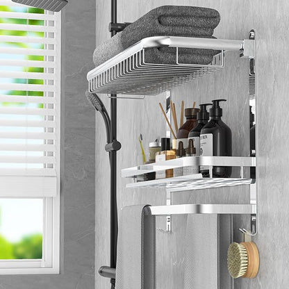 Foldable 23.22 Inch Rowel Rack Wall Mounted with Bathroom Shower Shelves Stainless Steel Towel Bar Without Drilling and Screw Installation (Silvery)