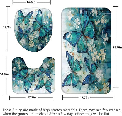 Chrainy 4pcs Green Butterfly Shower Cutain Set Bathroom Decor with Rugs | Floral Bath Accessories with Waterproof Curtain, Bath Mat, Toilet Lid Cover, U-Shaped Rug and 12 Hooks for Washroom, 71*71in