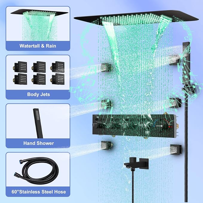 Thermostatic Rain Shower System, Black Multi Shower Head System with Body Jets, 23Inch Ceiling Mounted Full Body Rainfall Waterfall Shower System with Handheld, Tub Spout, LED Light and Music