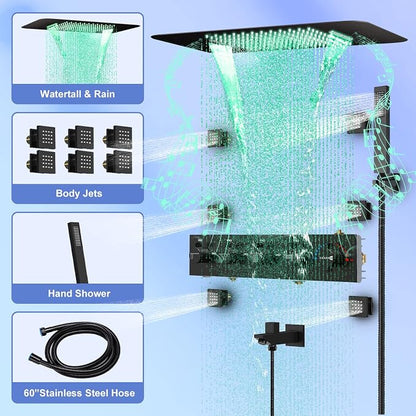 Thermostatic Rain Shower System, Black Multi Shower Head System with Body Jets, 23Inch Ceiling Mounted Full Body Rainfall Waterfall Shower System with Handheld, Tub Spout, LED Light and Music