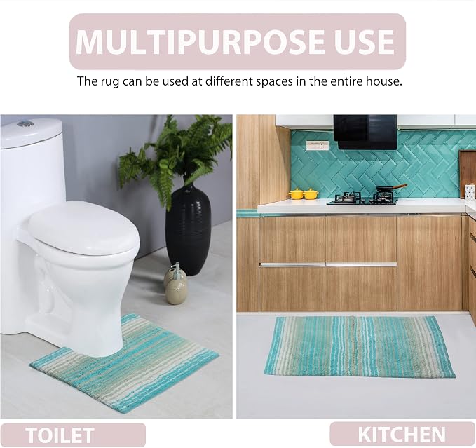 Home Weavers 100% Cotton Gradiation Collection Bathroom Décor, Washable Rug, Bathroom Mat, Kitchen Mat, Bathroom Rug Set, Bath Mat Set, Bath Floor Mat Non Slip, 3 Piece Set with Contour, Turquoise