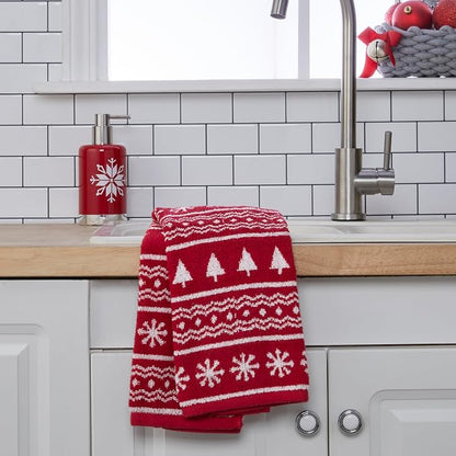 SKL Home Winter/Christmas Fair Isle Hand Towel Set-2pc, 100% Cotton, Red | 500 GSM. Soft & absorbent. Reversible jacquard pattern. Great for the bathroom, kitchen or bar & holiday gifting.