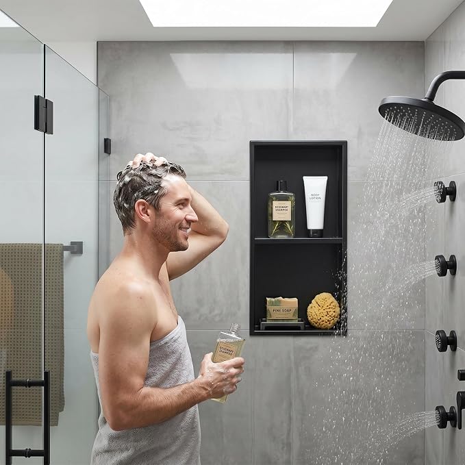 304 Stainless Steel Shower Niche 12” x 24” for Bathroom Storage | Matte Black Recessed Shower Niche No Tile Needed with 2-Tier Shelves for Bathroom Space Saving