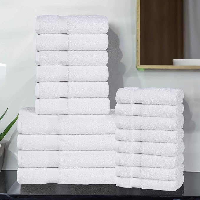 Superior 18-Piece Cotton Assorted Towel Set, Includes 8 Face Towel, 6 Hand, and 4 Bath Towels, Home, Bathroom, Guest Bath Essentials, Quick Dry, Absorbent, Franklin Collection - White