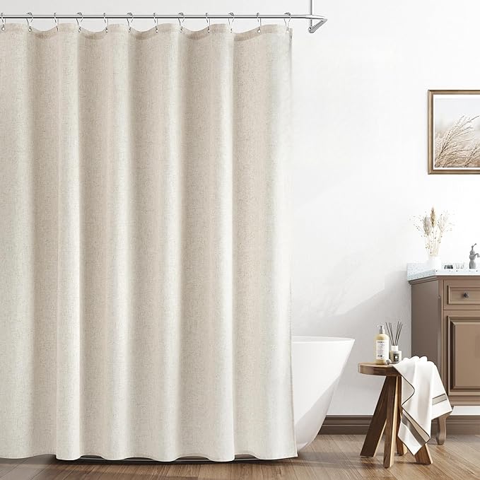 Linen Shower Curtain 82 Inch Long Weighted Thick Fabric Bath Shower Curtain Set with Hooks, XLong Tall Country Farmhouse Beige Curtains for Bathroom, 72x82