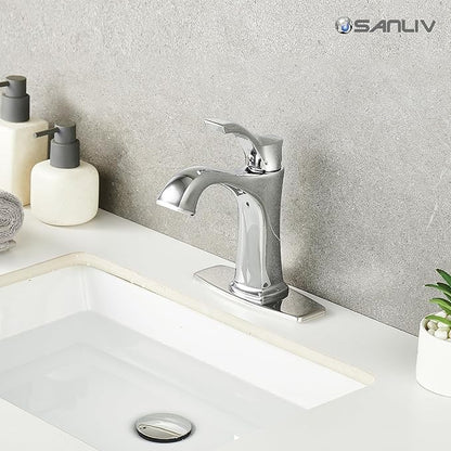 Chrome Bathroom Faucet, Sanliv Single Handle Centerset Bathroom Sink Faucet with Pop-Up Drain & Deck Plate for 1 or 3-Hole (4 inch) Installation, Modern Farmhouse Vanity Faucet, Polished Chrome