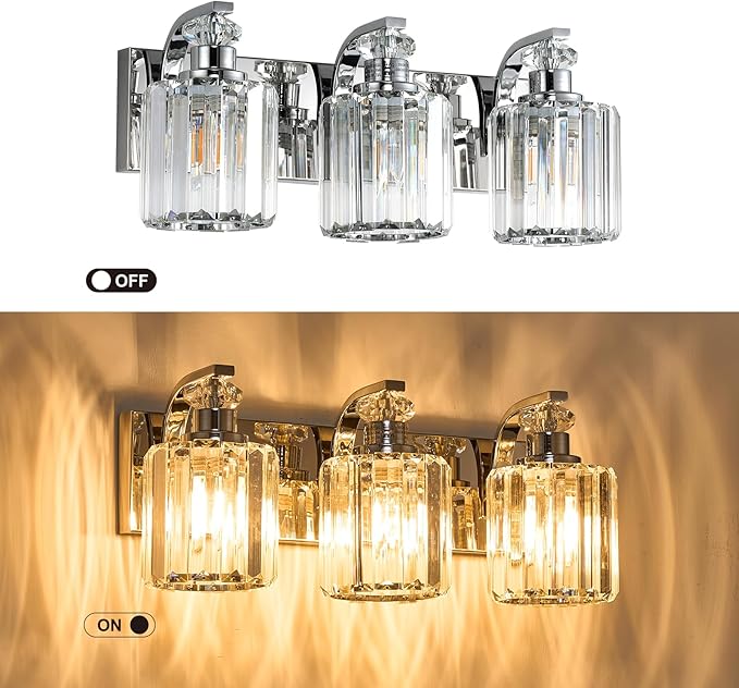 Chrome Bathroom Light Fixtures with K9 Crystal Lampshade Bathroom Lighting Over Mirror Vanity Lights for Living Room,Bedroom,Restroom,Hallway 3 Lights