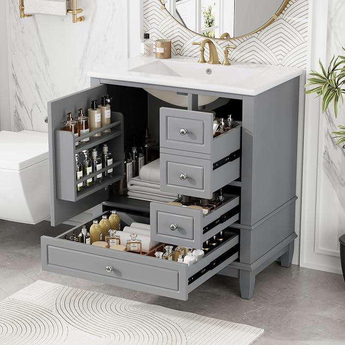 Merax Bathroom Vanity with Ceramic Sink 30 Inch, Cabinet with One Door and Three Drawers, Soft-Closing Door, Solid Wood Legs, Gray
