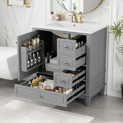 Merax Bathroom Vanity with Ceramic Sink 30 Inch, Cabinet with One Door and Three Drawers, Soft-Closing Door, Solid Wood Legs, Gray