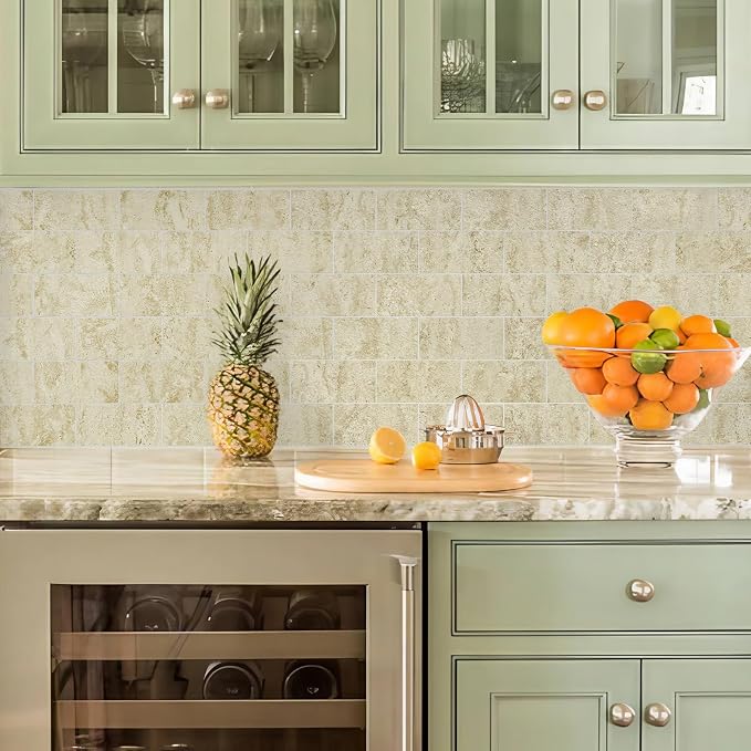 Vamos Tile 100-Piece Peel and Stick Backsplash Seamless Tile,3''x6'' Textured Beige Travertine with White Grout PVC Subway Tile,Stick on Backsplash for Kitchen/Bathroom/Laundry Room