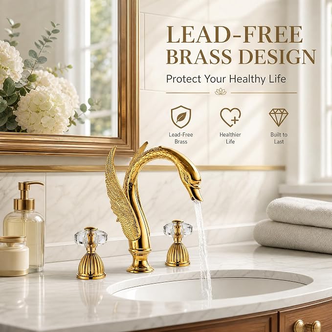 Swan Crystal Gold 3 Hole Vanity Brass 2 Handles 8 inch Cool Copper Widespread Unique Bathroom Sink Faucets, Ornate Restroom Taps Fixtures, 3 Pieces Bird Style Faucets (3 Hole, Golden)