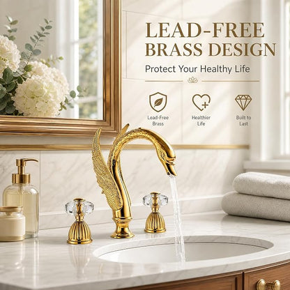 Swan Crystal Gold 3 Hole Vanity Brass 2 Handles 8 inch Cool Copper Widespread Unique Bathroom Sink Faucets, Ornate Restroom Taps Fixtures, 3 Pieces Bird Style Faucets (3 Hole, Golden)