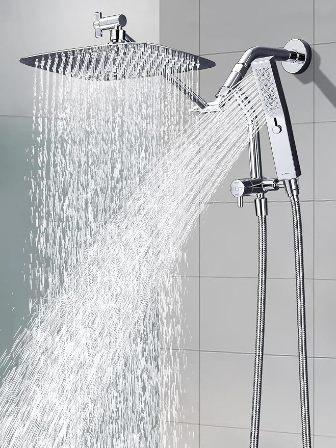 G-Promise 12 Inch All Metal Rain Shower Head with Handheld Spray (Chrome) | Suits Every Height, Pause Mode Diverter, Massage Mode Handheld, Full Body Coverage, Easy to Install, Modern Bath Upgrade