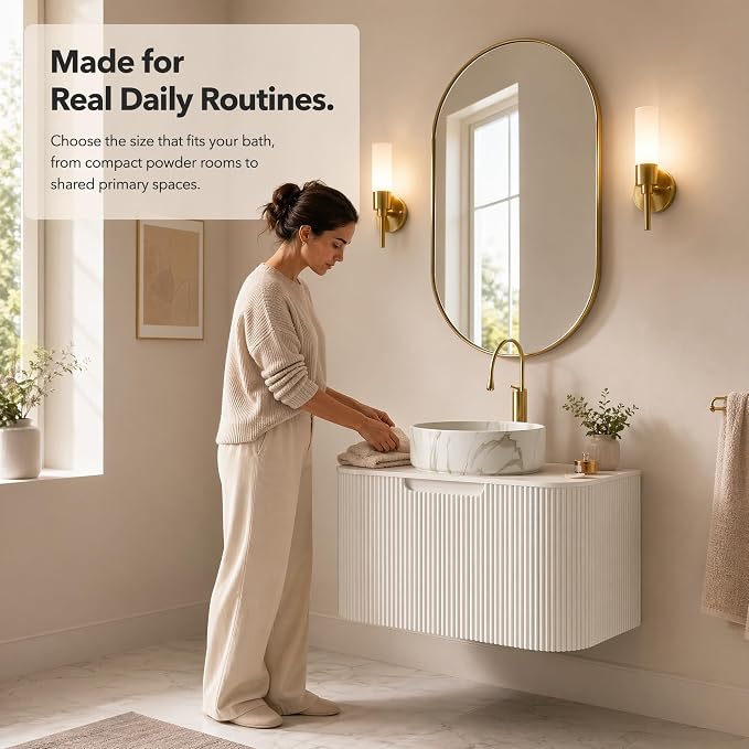 24 Inch Bathroom Vanity with Sink, Floating Wall Mounted Single Sink Vanity for Small Baths, White Curved Fluted Front, Stone Top, Marble-Look Round Vessel Basin, Pre-Assembled