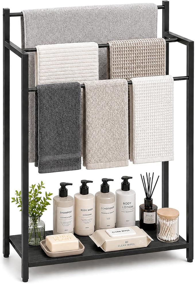 24.8" W Freestanding Towel Rack with Black Wood Shelf | 3 Tier Blanket Ladder Stand for Bathroom Living Room, Metal Frame
