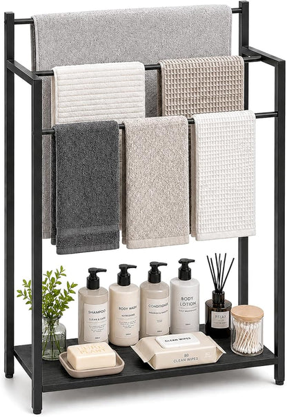 24.8" W Freestanding Towel Rack with Black Wood Shelf | 3 Tier Blanket Ladder Stand for Bathroom Living Room, Metal Frame