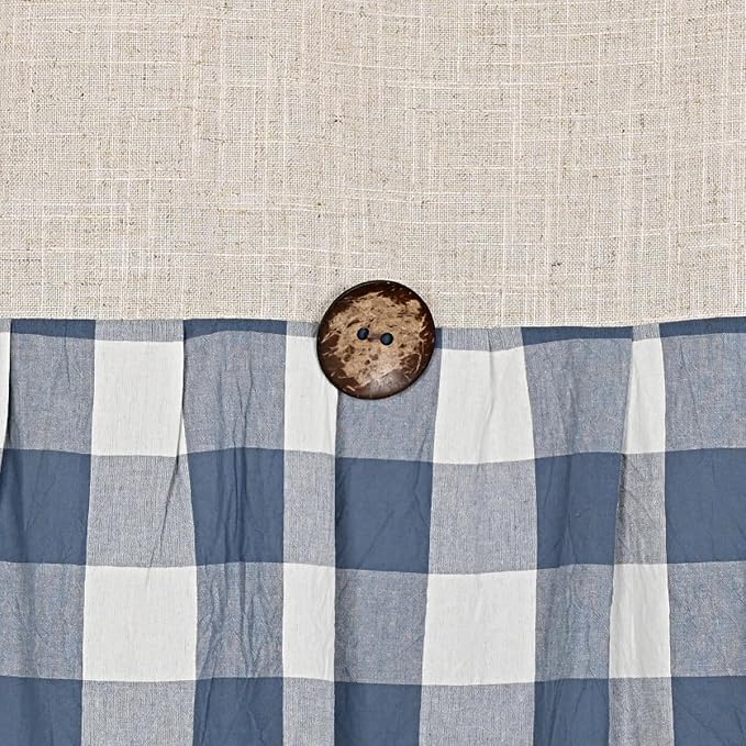 DOSLY IDÉES Linen Button Farmhouse Shower Curtain, Linen and Cotton Fabric, Pleated Blue and White Buffalo Plaid Checked Pattern, Country Style, 72x72 in
