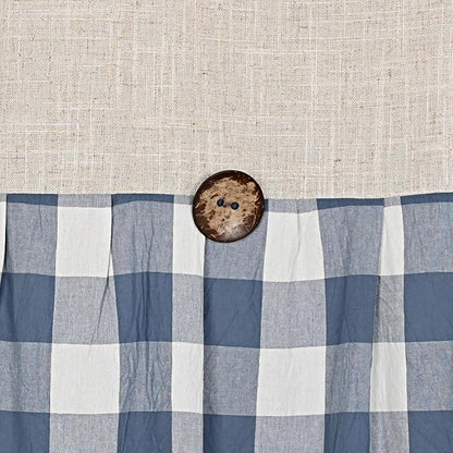 DOSLY IDÉES Linen Button Farmhouse Shower Curtain, Linen and Cotton Fabric, Pleated Blue and White Buffalo Plaid Checked Pattern, Country Style, 72x72 in