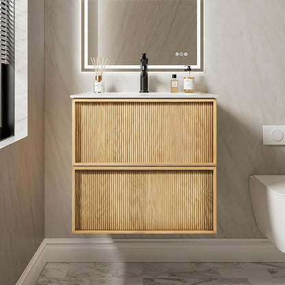 24" Japandi Floating Bathroom Vanity with Sink, Pre-Assembled Japandi Bathroom Sink Vanity, Wall Mounted with Integrated Stone Top and 2 Soft Close Drawers
