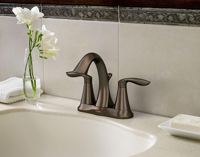 Moen Eva Oil-Rubbed Bronze Two-Handle Centerset Lavatory Faucet with Drain Assembly, Sink Faucet Bathroom 3-Hole for Standard 4-inch Countertop Setup, 6410ORB