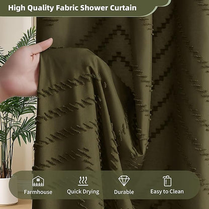 Extra Long Olive Green Boho Shower Curtain with Tassel, Woven Fabric 90 in Shower Curtain, Tufted Chevron Striped, 72 x 90, Modern Chic Textured Minimalist Bathroom Shower