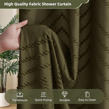 Siiluminisoy Extra Long Olive Green Boho Shower Curtain with Tassel, Woven Fabric 84 in Shower Curtain, Tufted Chevron Striped, 72 x 84, Modern Chic Textured Minimalist Bathroom Shower