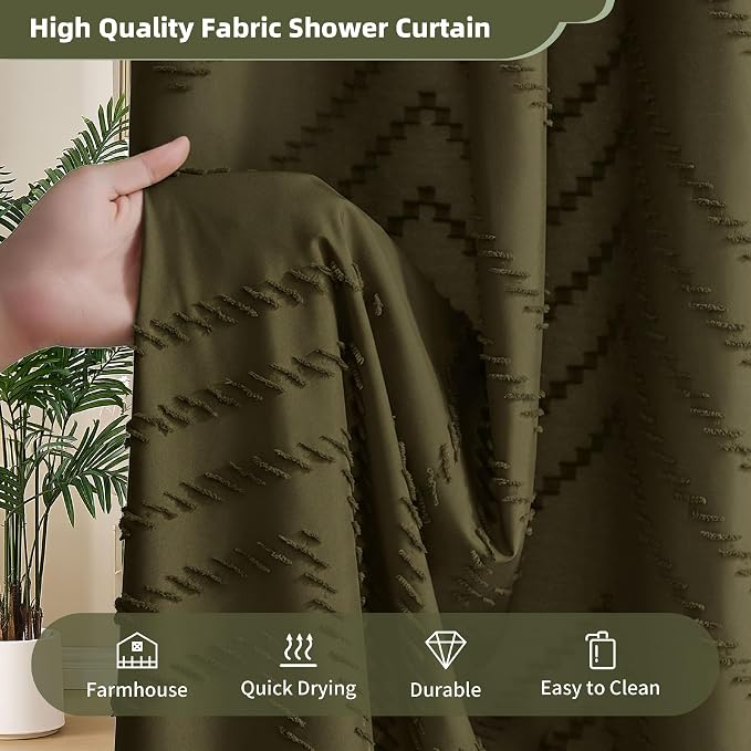 Siiluminisoy Extra Long Olive Green Boho Shower Curtain with Tassel, Woven Fabric 90 in Shower Curtain, Tufted Chevron Striped, 72 x 90, Modern Chic Textured Minimalist Bathroom Shower