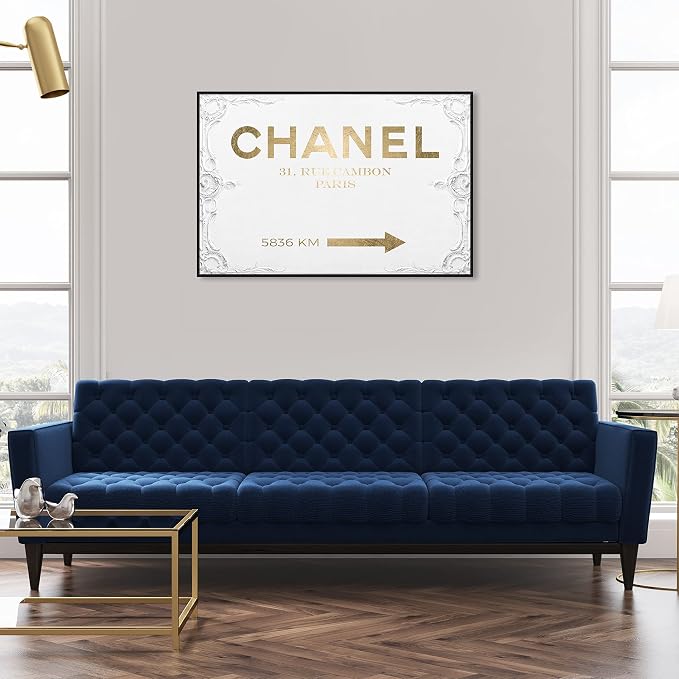 The Oliver Gal Artist Co. Typography and Quotes Contemporary Canvas Art - Couture Road Sign Rococo Gold, Wall Art for Living Room, Bedroom, and Bathroom, 45 in x 30, White and Gold Home Decor