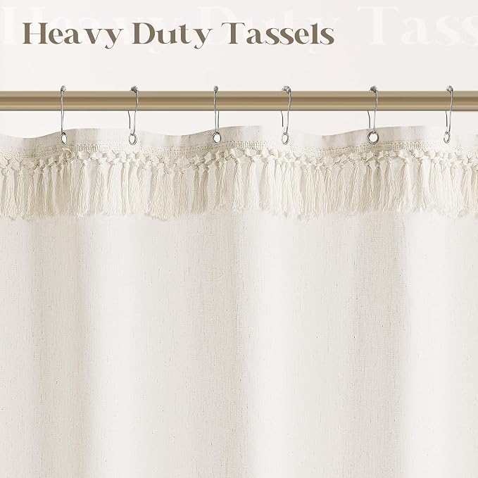 Cream Shower Curtain with Top Tassels Water Repellent 72x90 Inch | Extra Long, Boho Farmhouse Rustic Shabby Chic, Linen Shower Curtains 90 Inches Long, Natural, Bathroom Drapes, with Hooks