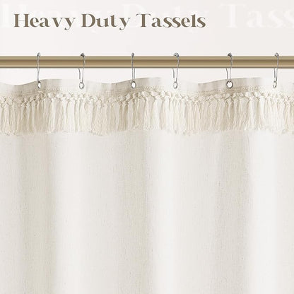Cream Shower Curtain with Top Tassels Water Repellent 72x90 Inch | Extra Long, Boho Farmhouse Rustic Shabby Chic, Linen Shower Curtains 90 Inches Long, Natural, Bathroom Drapes, with Hooks