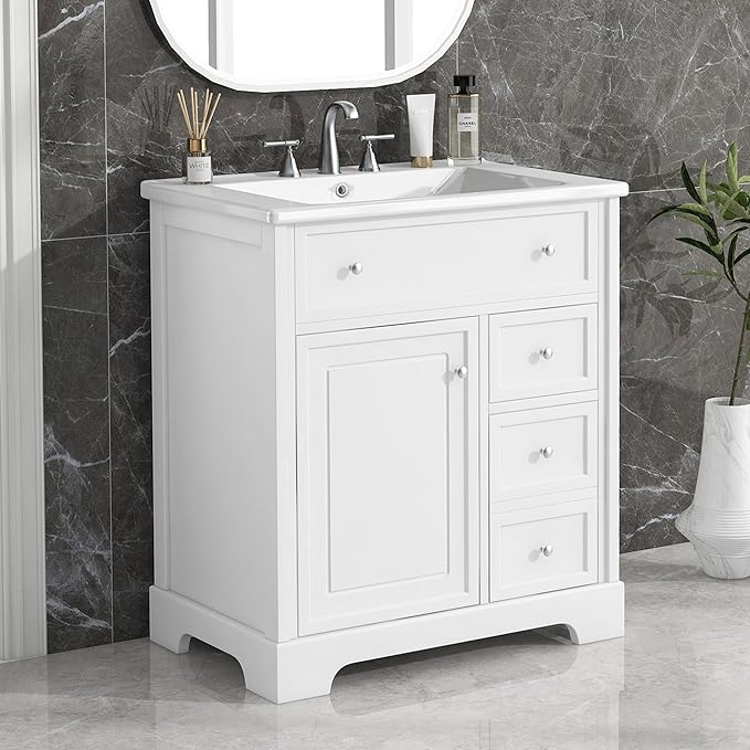 LUMISOL 30" Bathroom Vanity with Sink Combo, Solid Wood Bathroom Vanity with 2 Drawers and Storage Racks on Door, Freestanding Bathroom Storage Cabinet with Ceramic Basin Sink, White