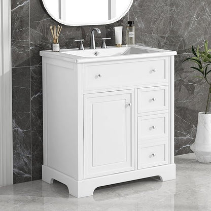 LUMISOL 30" Bathroom Vanity with Sink Combo, Solid Wood Bathroom Vanity with 2 Drawers and Storage Racks on Door, Freestanding Bathroom Storage Cabinet with Ceramic Basin Sink, White